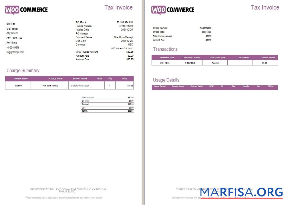 Printable Ireland WooCommerce tax invoice real example